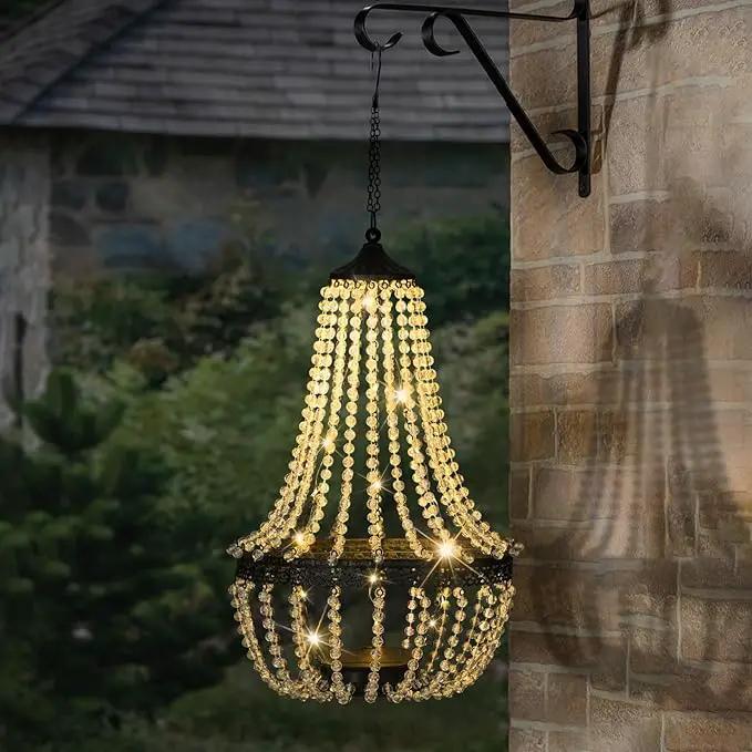 Hanging Solar Chandelier Outdoor, 30 Warm White Lights Acrylic Clear Beaded Chandelier with S Hooks Modern Lantern for Garden Yard Patio Gazebo Decorations, 28”H by GreenHaven Gardens