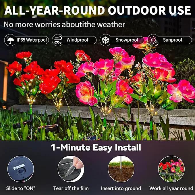 Neporal Solar Flowers Outdoor Waterproof Camellia，4PK Decorative Garden Lights Solar Powered Dusk to Dawn, 7-Stem, 2 Lighting Modes Plants Lights for Yard, Backyard, Porch (Pink+Red) by GreenHaven Gardens