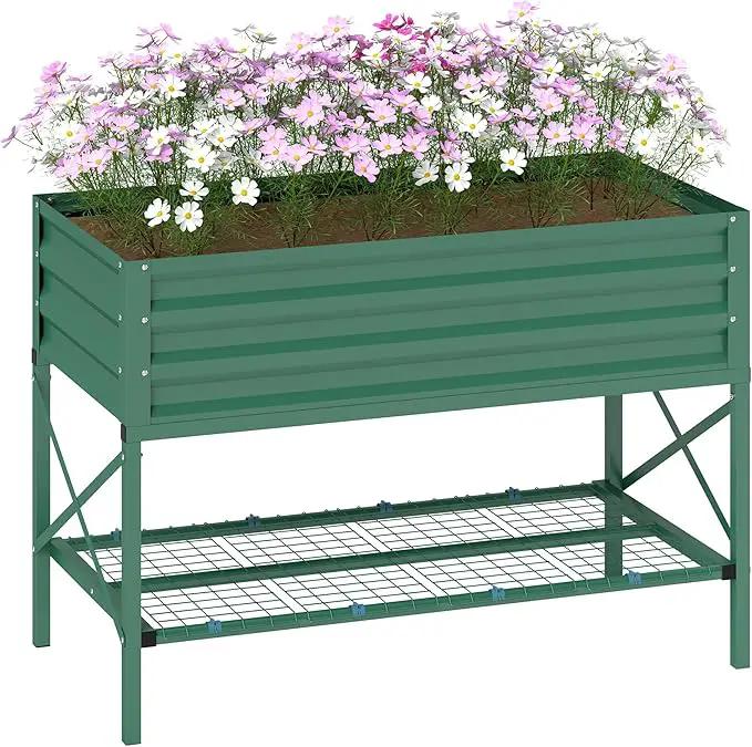 Outsunny Raised Garden Bed with Galvanized Steel Frame, Storage Shelf and Bed Liner, Elevated Planter Box with Legs for Vegetables, Flowers, Herbs, Green by GreenHaven Gardens