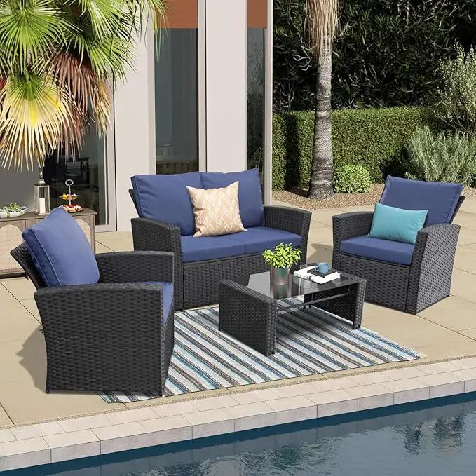 4 Piece Outdoor Patio Furniture Set,Wicker Conversation Sets Outdoor Sectional Patio Sofa Couch with Cushions & Coffee Table for Outside, Garden, Balcony, Porch,Black/Blue by GreenHaven Gardens