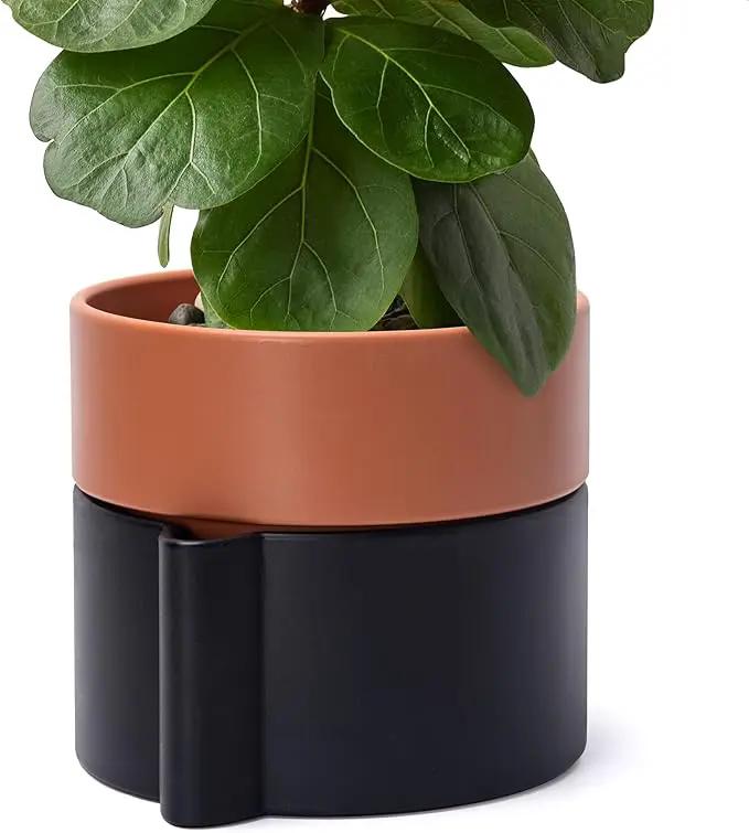 8 Inch Self-Watering Planter Pot with Terracotta Insert, Deep Water Reservoir, and Ceramic-Alike BPA-Free Plastic Planter Pot for Plant, Modern Planter for Houseplants, Black/Terracotta, 53-B-T-5 by GreenHaven Gardens
