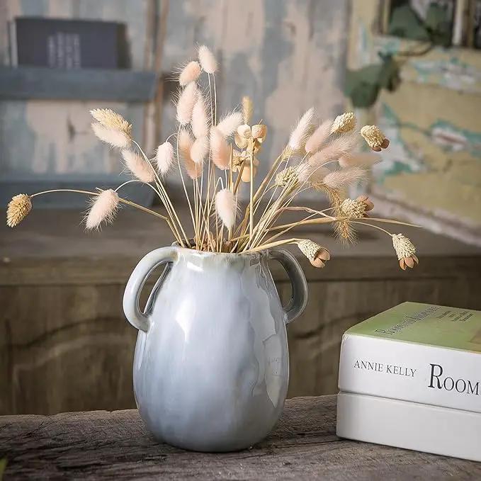 Gray Ceramic Vase with 2 Handles, Modern Farmhouse Decor, Rustic Terracotta Pottery, Decorative Flower Vases, Clay Small Vase, Centerpiece for Dining Table - 7 Inch Tall by GreenHaven Gardens