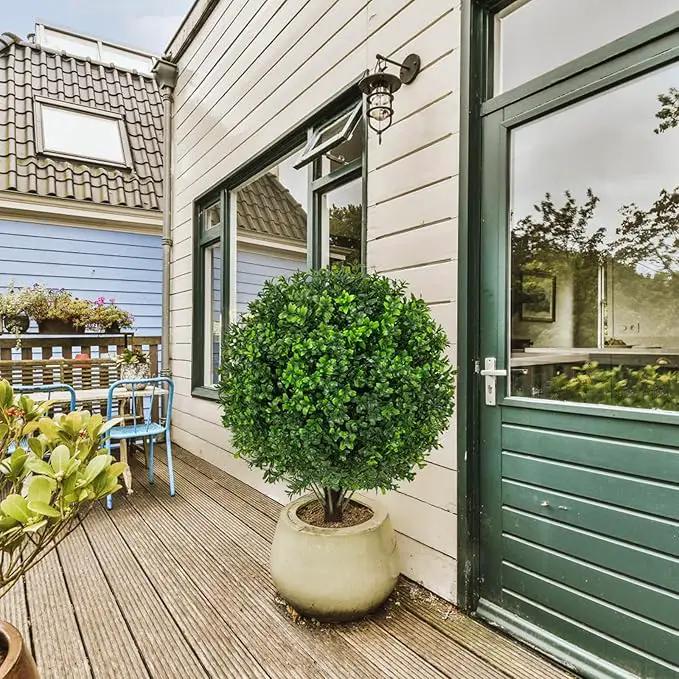 22" Artificial Boxwood Topiary Ball Trees with Ground Spike Set of 2 - UV Resistant Faux Green Shrubs & Bushes Potted Plants for Outdoor Indoor Front Porch Garden by GreenHaven Gardens
