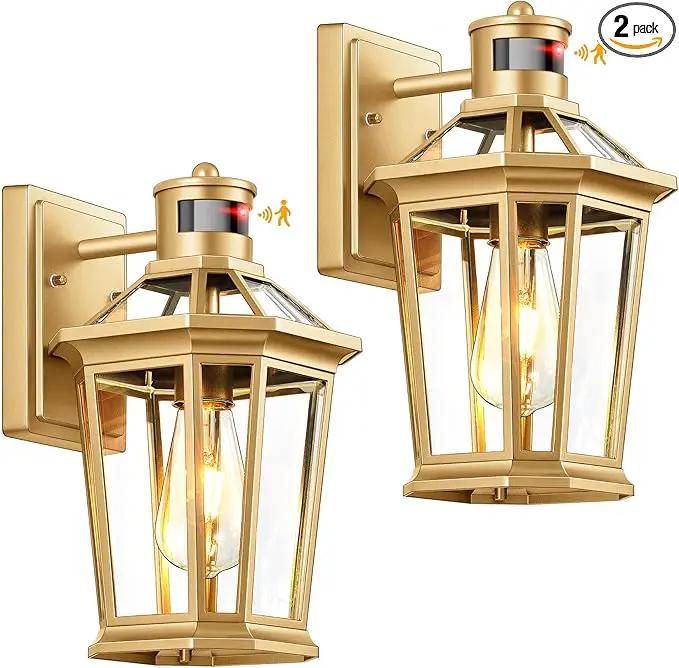 VIANIS Outdoor Wall Lights Lantern, 2 Pack Gold Motion Sensor Proch Light, Dusk to Dawn Weather Resistant Exterior Lights for House Sconce, Waterproof Garage Lights with Clear Glass Shade by GreenHaven Gardens