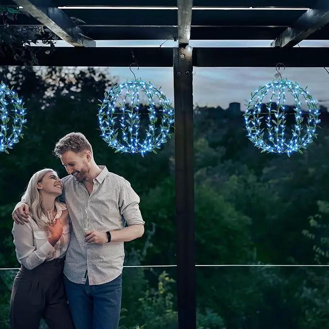 Flacchi Solar Powered Hanging Iron Sphere Lights with Artificial Greenery – 12Inch 120 LED Waterproof Outdoor Decor Ball Light with Timer & 8 Modes – 2 Pack for Garden, Christmas, Weddings(Blue) by GreenHaven Gardens