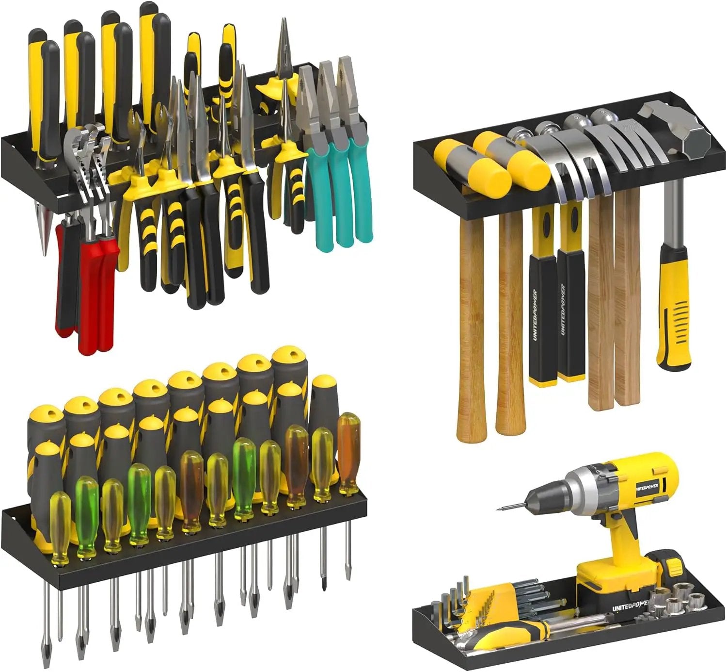 UNITEDPOWER Wall Mount Hand Tool Storage Set, Screwdriver Organizer, Pliers Holder, Hammer Rack, Metal Hardware Tray for Garage Workshop Workbench - 4 Pack by GreenHaven Gardens