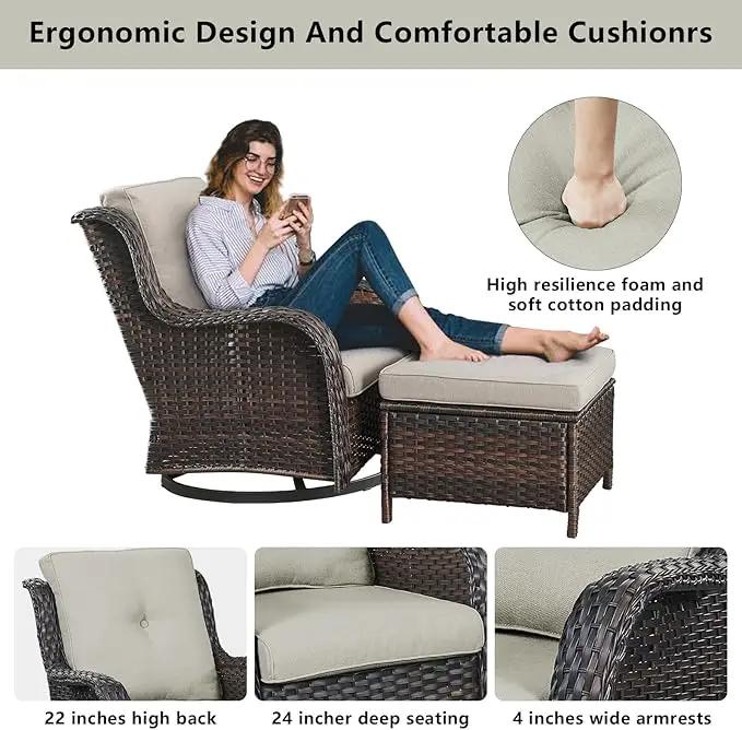 Wicker Outdoor Furniture Patio Furniture Set - 6 Piece Patio Conversation Set with Swivel Rocker Chairs, Rattan Sofa, Ottomans and Coffee Table, Beige Cushion by GreenHaven Gardens