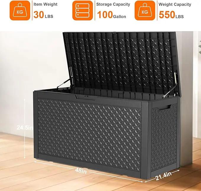 100 Gallon Waterproof Outdoor Storage Box,Resin Deck Box,Lockable Outside Storage Box Container for Patio Furniure,Garden,Pool Tools (100 Gallon,Black pattern) by GreenHaven Gardens