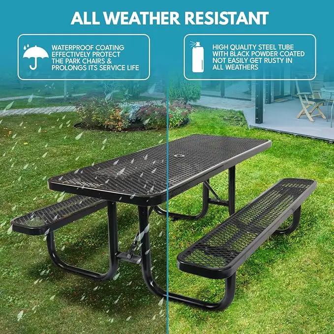 6 ft. Rectangular Outdoor Steel Picnic Table with Umbrella Pole, Heavy-Duty Weather-Resistant Dining Table for Patio, Backyard, and Garden, Rust-Resistant Finish, Black by GreenHaven Gardens