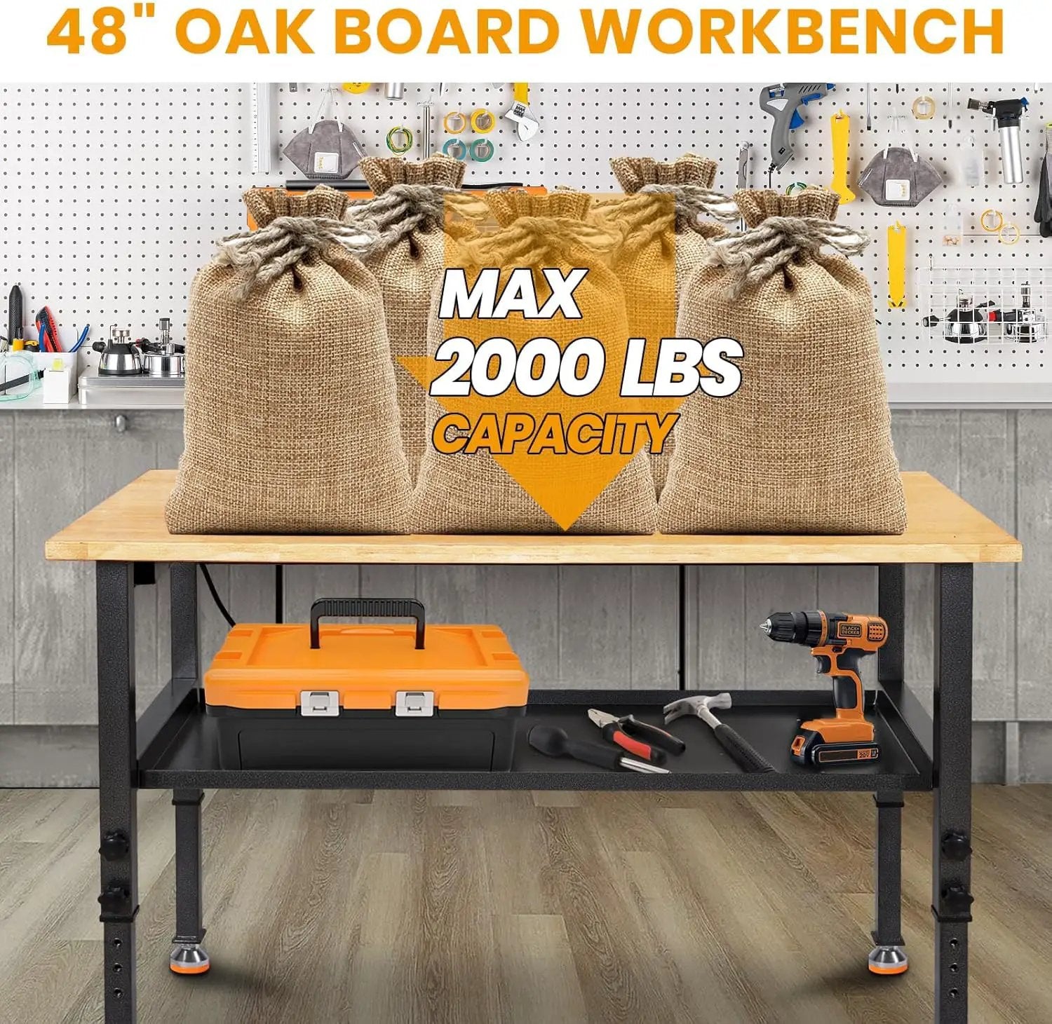 48"/60'' Adjustable Workbench, Rubber Wood Top Work Bench Heavy-Duty Work Table w/Power Outlet, Partition,2000 LBS Load Capacity Work Benches for Garage, Workshop, Home, Office, Easy Assembly by GreenHaven Gardens