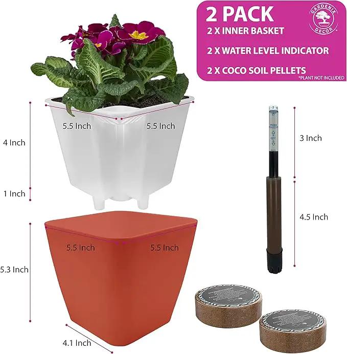 GARDENIX DECOR 5" Self Watering pots for Indoor Plants - Flower Pot with Water Level Indicator for Plants, Grow Tracking Tool - Self Watering Planter Plant Pot – 2 Pack Terracota by GreenHaven Gardens