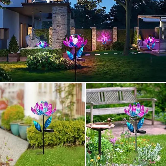 Solar Purple Metal Flower Wind Spinners, Colorful Spinning Windmill Lotus Yard Art Lights Wind Pinwheels with LED Crystal Ball Decorative Stake Lighting Flower Sculpture by GreenHaven Gardens