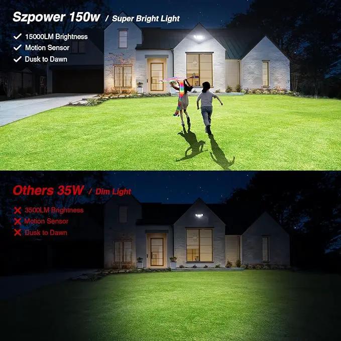 150W Motion Sensor Lights Outdoor for Outside, 15000LM LED Flood Lights Outdoor Wired Dusk to Dawn, Exterior Security Floodlight Fixture Waterproof IP65, Outdoor Lighting for House, Garage 2 Pack by GreenHaven Gardens