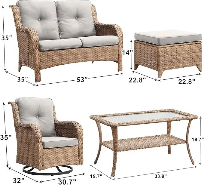 Outdoor Wicker Patio Furniture Set - 6 Piece Rattan Patio Conversation Set with 2 Rocking Swivel Chairs,2 Ottomans,1 Loveseat and 1 Coffee Table for Porch Deck Backyard Garden(Yellow/Beige) by GreenHaven Gardens