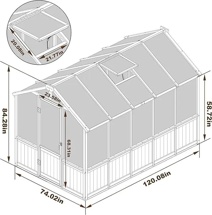 6x10 FT Greenhouse Kit for Outdoor, Thickened Polycarbonate Panel Wooden Walk-in Green House with Lockable Door and Adjustable Roof Vent, Backyard Garden, Black by GreenHaven Gardens