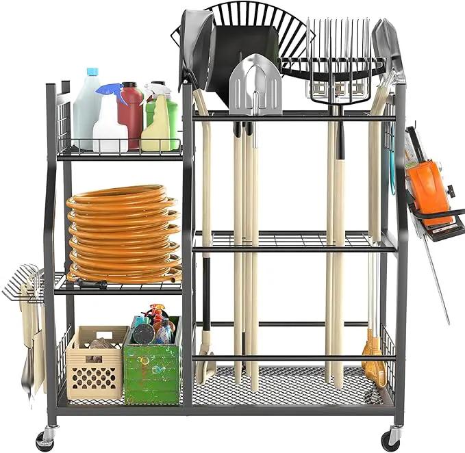 TORACK Garden Tool Organizer with Wheels, Rakes Shovels Yard Tools Stand for Garage, Shed, Garden, Indoor/Outdoor Long-Handled Tools Cart