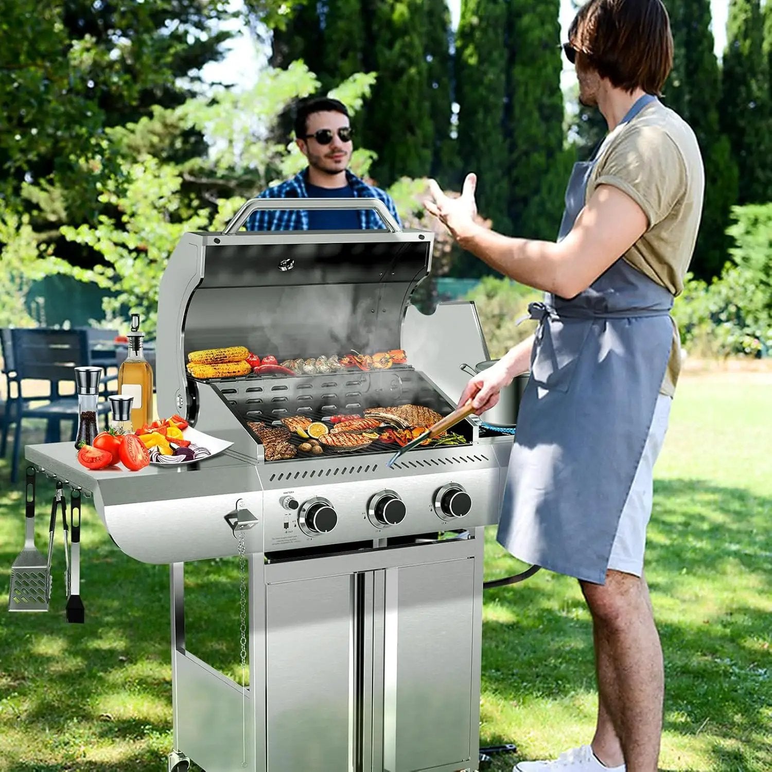 3-Burner Propane Gas Grill with Side Burner – 34,000 BTU Stainless Steel Outdoor BBQ Grill, Cast Iron Grates, Portable with Wheels for Patio, Camping by GreenHaven Gardens