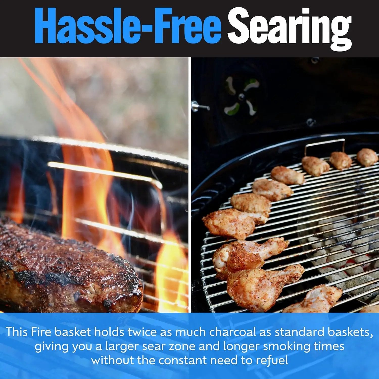 SnS Grills Slow ‘N Sear Charcoal Fire Baskets with Water Pan - Large Capacity Heavy Duty Stainless Steel Outdoor Grill Basket, Kettle Grill Accessory - Compatible with Weber and other Kettles by GreenHaven Gardens