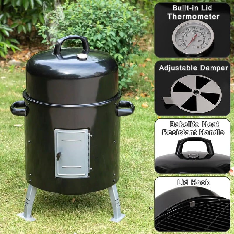 Sophia & William 17" Vertical Charcoal Smoker Grills with Two-Tier Grates, Heavy-Duty Integral Chamber and Tunnel Ventilation System for BBQ, Patio, Outdoor Camping(Black) by GreenHaven Gardens