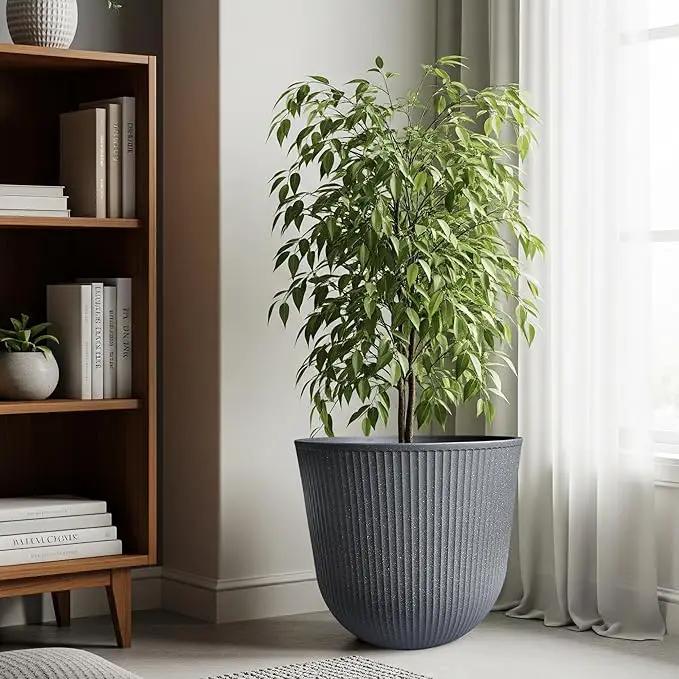 WORTH Garden Round Large Planter Pot 1-Pack - 17.5" Dia x 15.5" H - Durable Plastic Grey Plant Tree Pots with Vertical Stripe Textured Finish, Drainage Hole for Indoor, Outdoor, Front Porch, Patio by GreenHaven Gardens