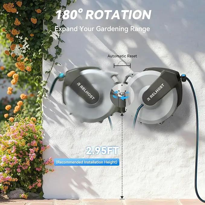 Retractable Garden Hose Reel 65 ft x 5/8 in, Heavy Duty Hose Reel Wall Mount with Any Length Lock, Auto Rewind System, 180° Swivel Bracket, 10-Pattern Garden Hose Nozzle, White & Grey by GreenHaven Gardens