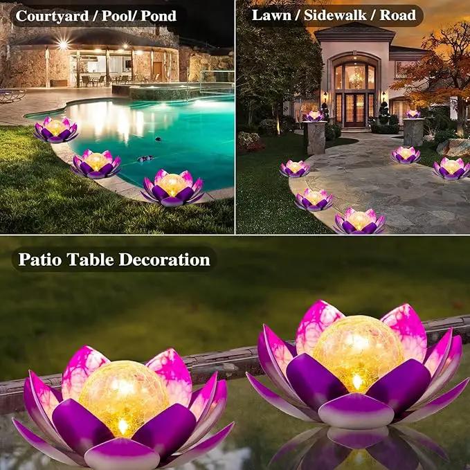 Solar Light Outdoor(2Pack), Art Crackle Globe Glass Lotus Decoration, Solar LED Waterproof Purple Metal Flower Lights for Patio,Lawn,Walkway,Tabletop by GreenHaven Gardens