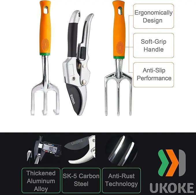 Ukoke UGP01G-7 Outdoor Tool, Heavy Duty Work Ergonomic Handle, for Women Men Set, 7 Piece Aluminum Kit, Garden Canvas Apron with Storage Pock, Orange by GreenHaven Gardens