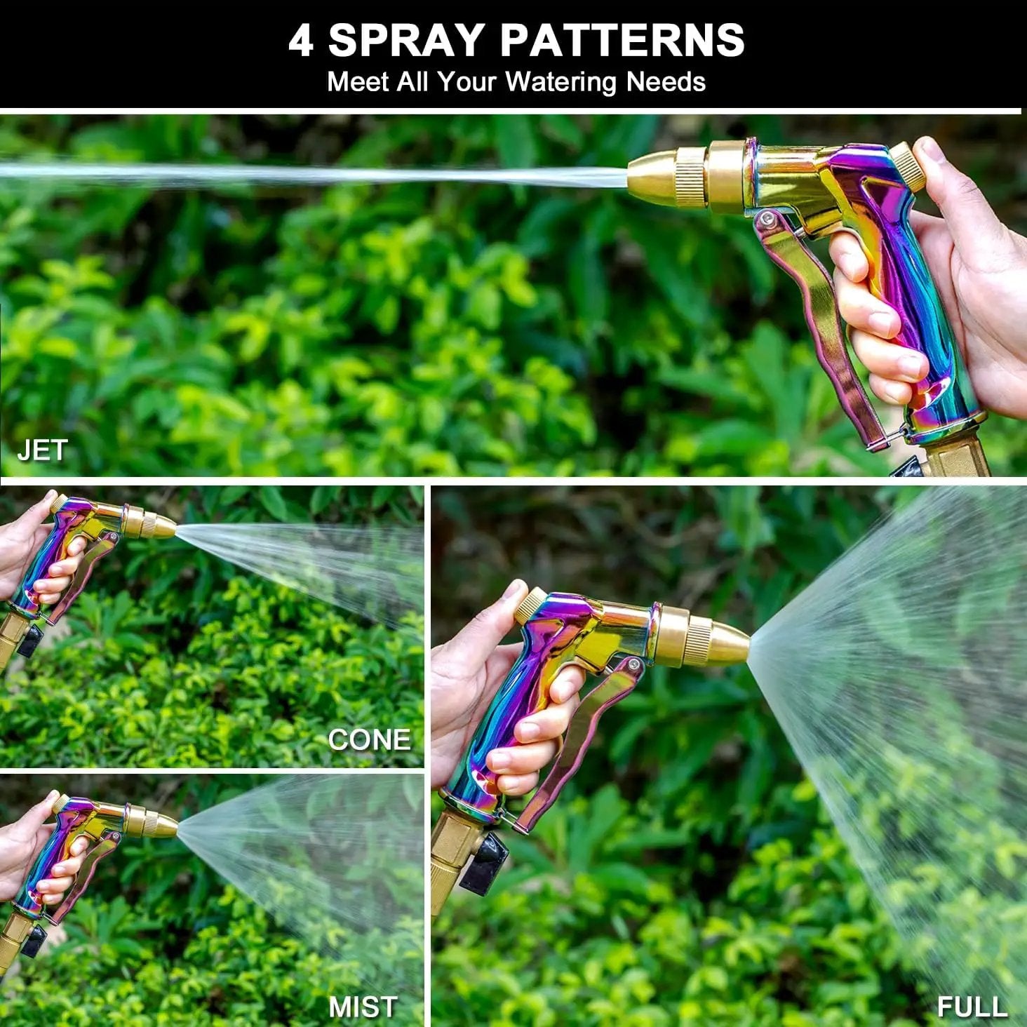 ESOW Heavy Duty Metal Garden Hose Nozzle, High Pressure Water Hose Nozzle with 4 Spray Patterns Rotating, Ideal for Outdoor Lawn & Garden Watering, Car & Pet Washing, Rainbow by GreenHaven Gardens