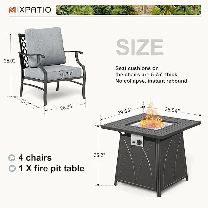 Patio Furniture Set with Fire Pit Table, 5 Pcs Metal Outdoor Conversation Set, 4 Single Chairs with 5.75" Extra Thick Cushion and 28" Fire Pit Table for Backyard Deck, Grey by GreenHaven Gardens