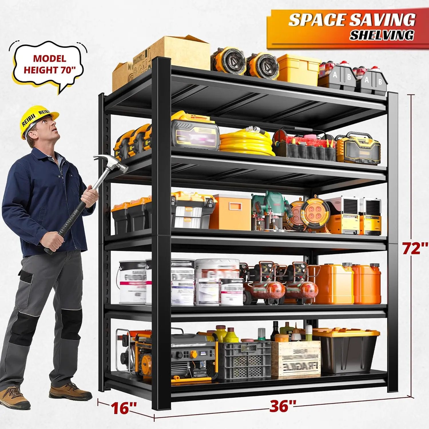 REIBII Garage Shelving, 3000 LBS Garage Shelves, Adjustable Metal Storage Shelves, 5 Tier Heavy Duty Shelving Units for Garage, Basement, Warehouse, Kitchen, Pantry, 72" H x 36" W x 16" D by GreenHaven Gardens