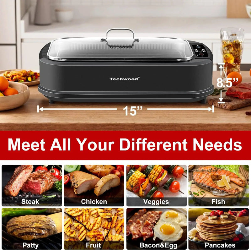 Techwood Indoor Grill Smokeless Grill, Electric Korean BBQ Grill with Glass Lid, Turbo Smoke Extractor Technology, Dishwasher-Safe Drip Tray & Nonstick Grilling Removable Plate, Black, 1500W by GreenHaven Gardens