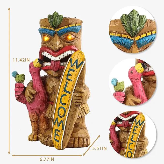 Welcome Tiki Statue with Surfboard Flamingo-Solar Outdoor Decor - Tiki Man with Automatic Switch On Flickering Eyes LED Light for Tiki Bar Decorations, Patio, Balcony, Yard,Lawn,Gifts by GreenHaven Gardens