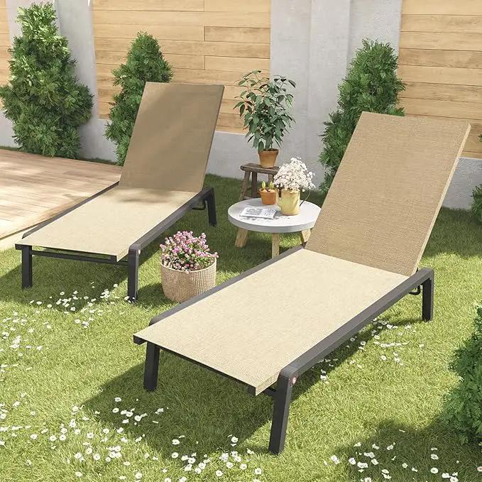 Patio Chaise Lounge Set of 2 with 4 Adjustable Backrest, Foldable Aluminum Chaise Lounge Chair Recliner for Outdoor, Poolside, Sun Tanning Flaxen by GreenHaven Gardens