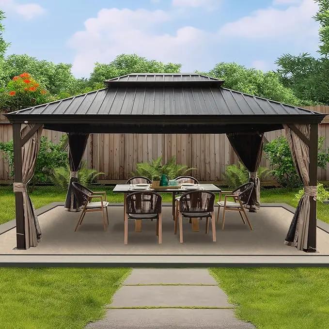 Kozyard Alexander 12‘ X 16’ Hardtop Aluminum Permanent Gazebo with a Mosquito Net and Privacy Sidewalls, Permanent Gazebo Pavilion for Patio, Backyard (Alexander 12'x16' (Brown)) by GreenHaven Gardens