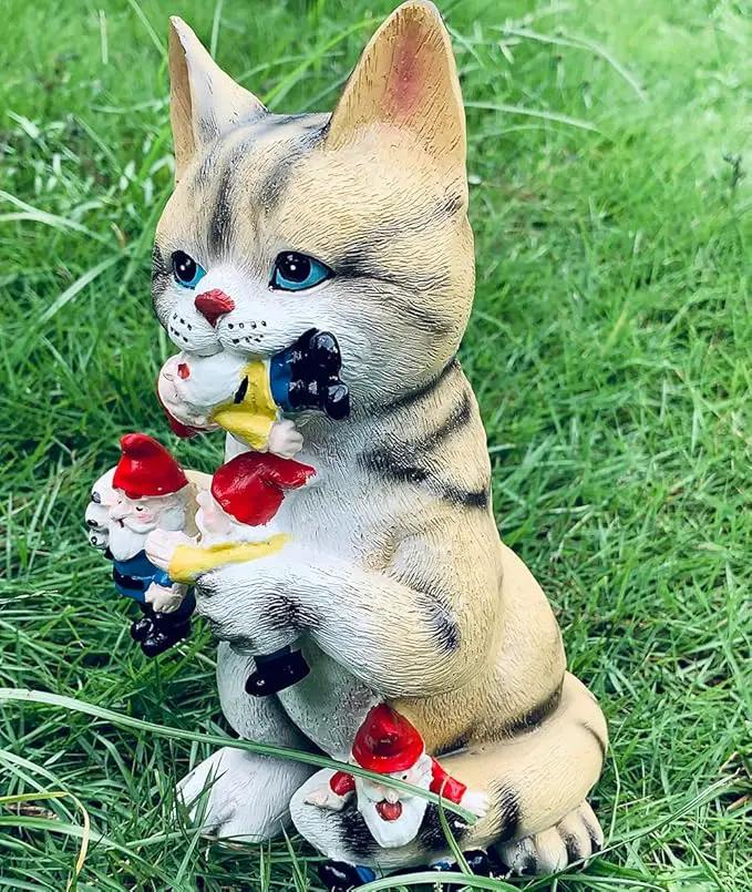 Garden Cat Eating Gnomes Statues Funny Gnome Decor for Outdoor Patio Lawn Yard Decor (cat Eating) by GreenHaven Gardens