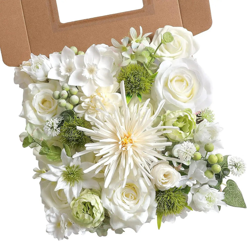 White Artificial Flower Box Set Silk Fake Flowers for DIY Centerpieces Cake Decorations, Wedding Bouquets, Boutonnieres, Home Decor (White Green) by GreenHaven Gardens