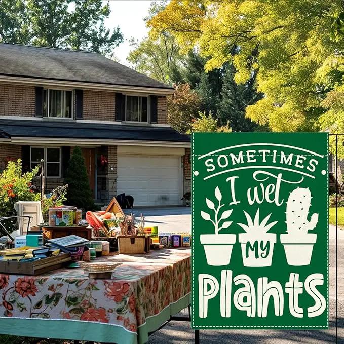 Cute Funny Garden Flag Sometimes I Wet My Plant Lover Gift Outdoor Decorations Small Double Sided Burlap art Stained Glass Style Garden Flags 12 x 18 Inch for Outside by GreenHaven Gardens