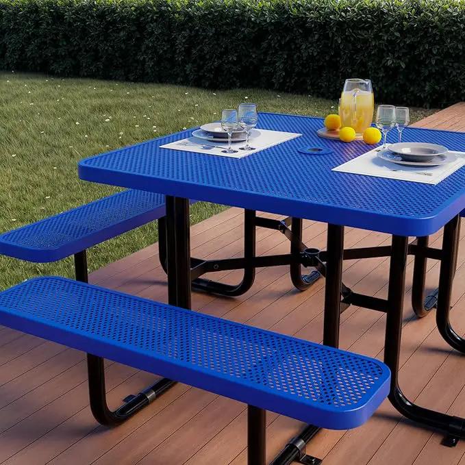 Metal Picnic Tables for Outdoors with Umbrella Hole - Coated Steel Heavy Duty Commercial Grade Table with Adjustable Seats (Blue, 46 in, Square, Punched Steel) by GreenHaven Gardens
