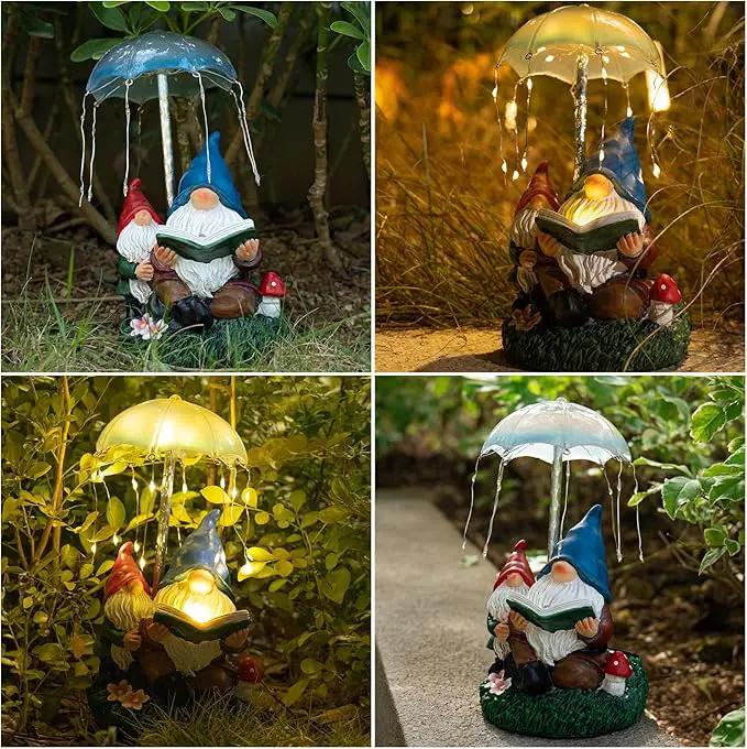 mopha Garden Gnomes Statues Outdoor Decor Gifts, Resin Figurines Outside Decoration Ornaments Clearance Gardening Decoration, Solar Powered Umbrella Fireworks Lights by GreenHaven Gardens