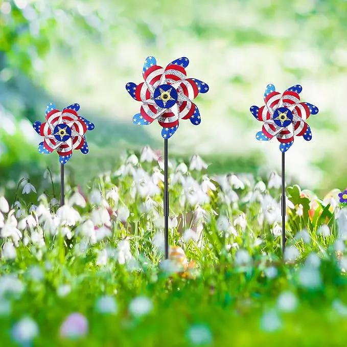 BATTIFE 10 Packs Patriotic Sparkly Reflective Pinwheels for Yard and Garden, American Flags Blinding Birds Pin Wheel Scare Birds & Animal Away, Wind Spinner for 4th of July by GreenHaven Gardens