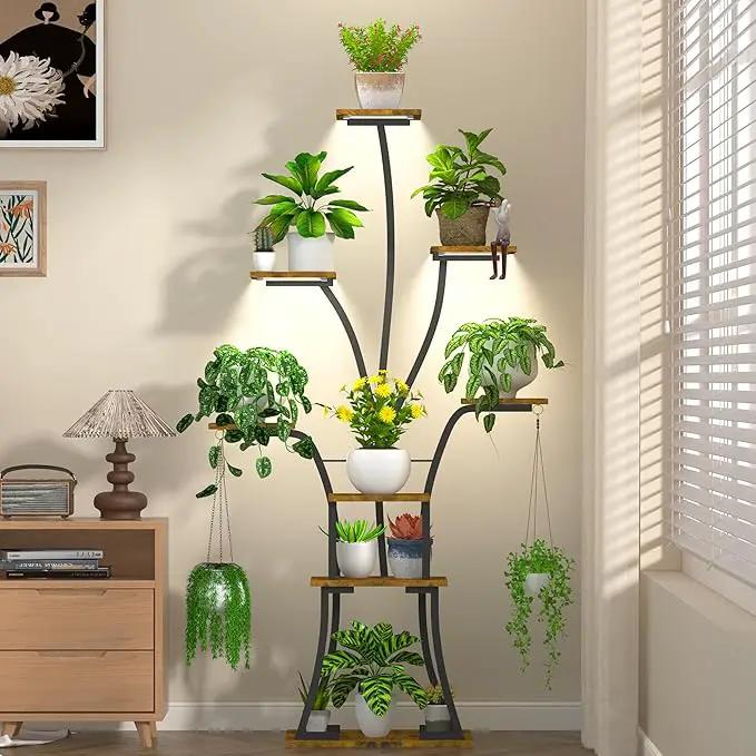 64" Tall 8 Tiered Plant Stand Indoor with Grow lights Large Tree Shape Decorative Rack Plant Pot Holder Gardening for Living Room Corner Black by GreenHaven Gardens