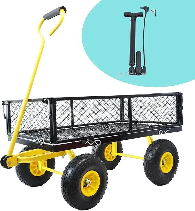 Wagon Removable Sides - Farm, Warehouse, Yard Dump Cart - Yellow+Black Air Wheels by GreenHaven Gardens