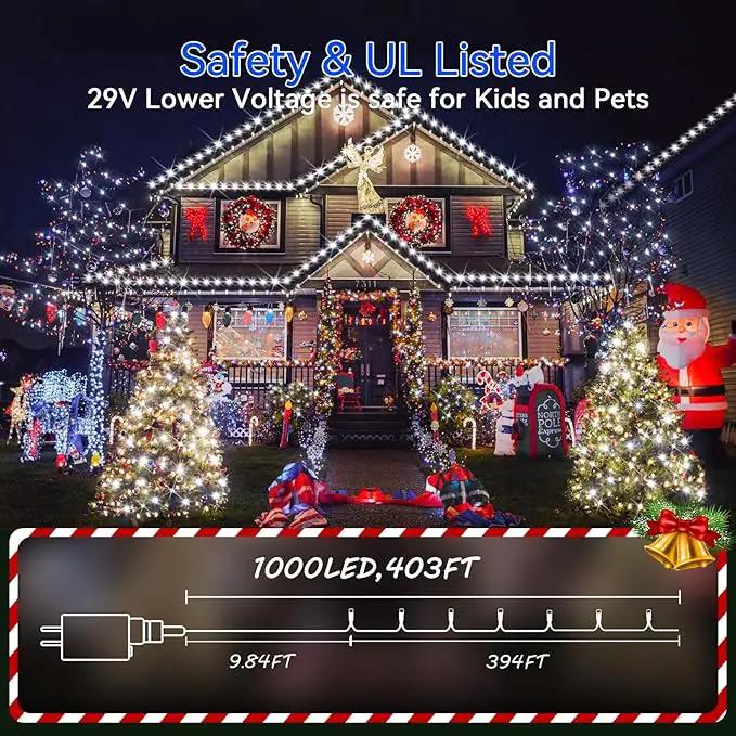 Hezbjiti 1000 LED 403 FT Christmas String Lights Outdoor, 8 Lighting Modes IP44 Waterproof Fairy Lights with Timer and Dimmable Function for Home Party Tree Decorations (Cold White, Clear Wire) by GreenHaven Gardens