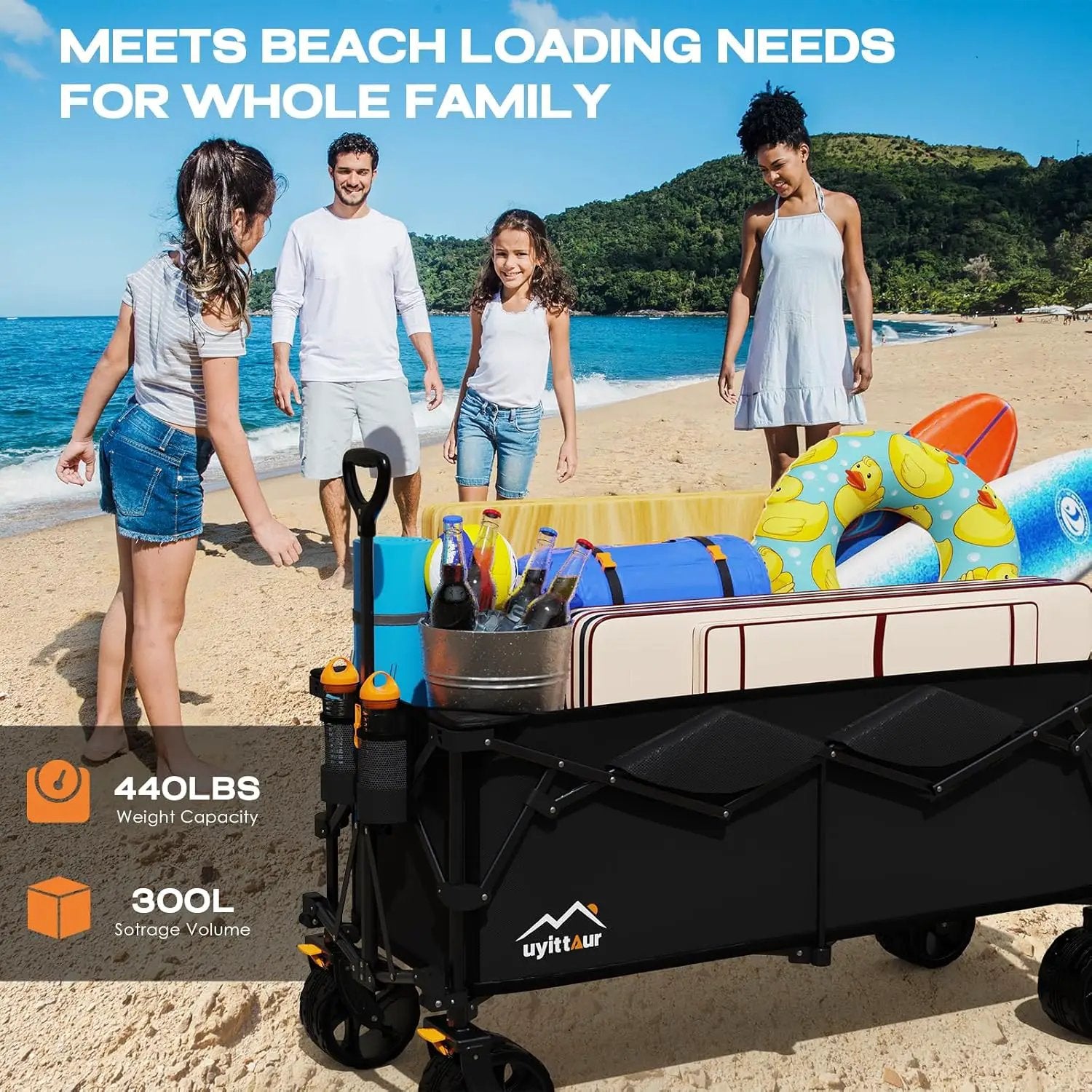 300L Extra Large Collapsible Foldable Wagon, 440lbs Load Capacity 48''L Extended Heavy Duty Folding Beach Wagon with Big All-Terrain Wheels, Utility Garden Cart for Outdoor Activities, Black by GreenHaven Gardens