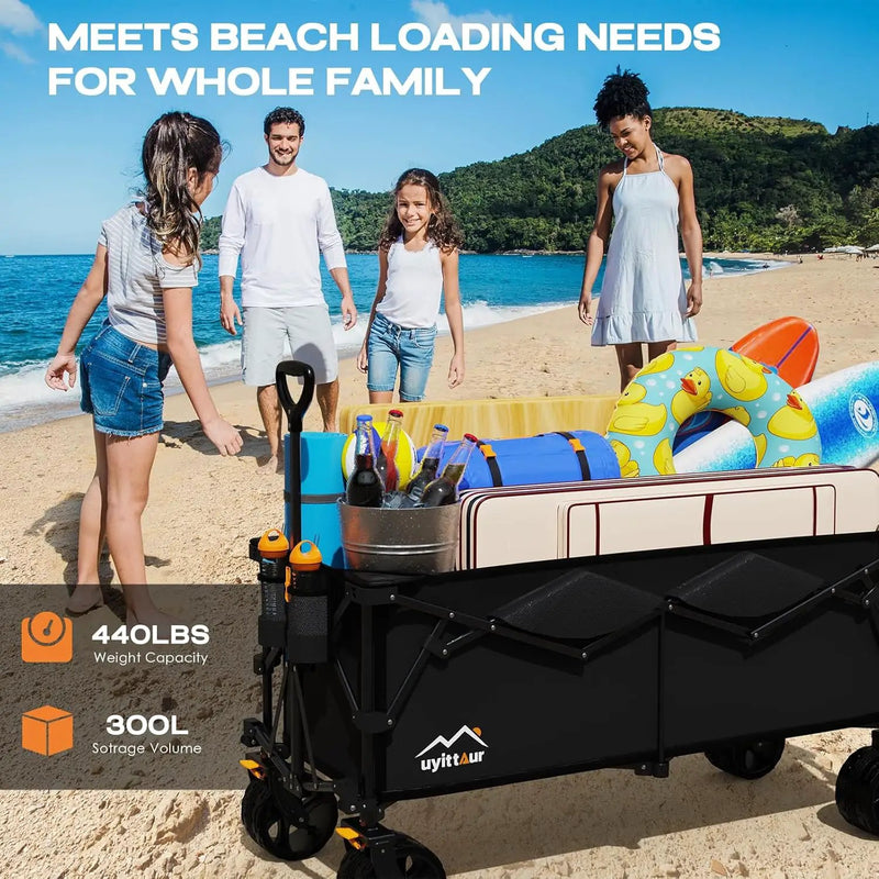 300L Extra Large Collapsible Foldable Wagon, 440lbs Load Capacity 48''L Extended Heavy Duty Folding Beach Wagon with Big All-Terrain Wheels, Utility Garden Cart for Outdoor Activities, Black by GreenHaven Gardens