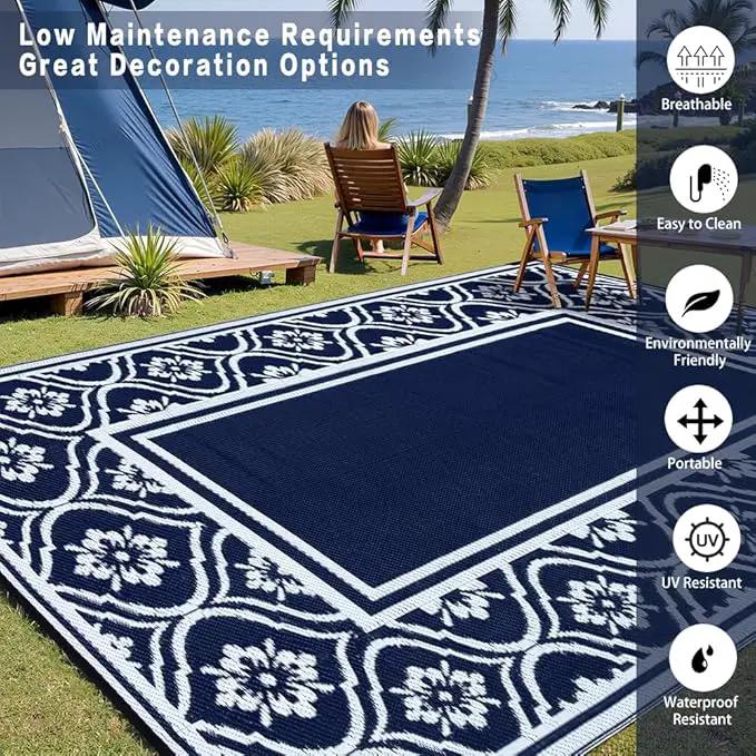 Outdoor Rug 8x10 Patio Camping Carpet Waterproof Mat Blue Outside Plastic Area Rug Reversible Rugs for RV Deck Entryance Porch Picnic Balcony Beach(8x10ft Navy Blue&White) by GreenHaven Gardens