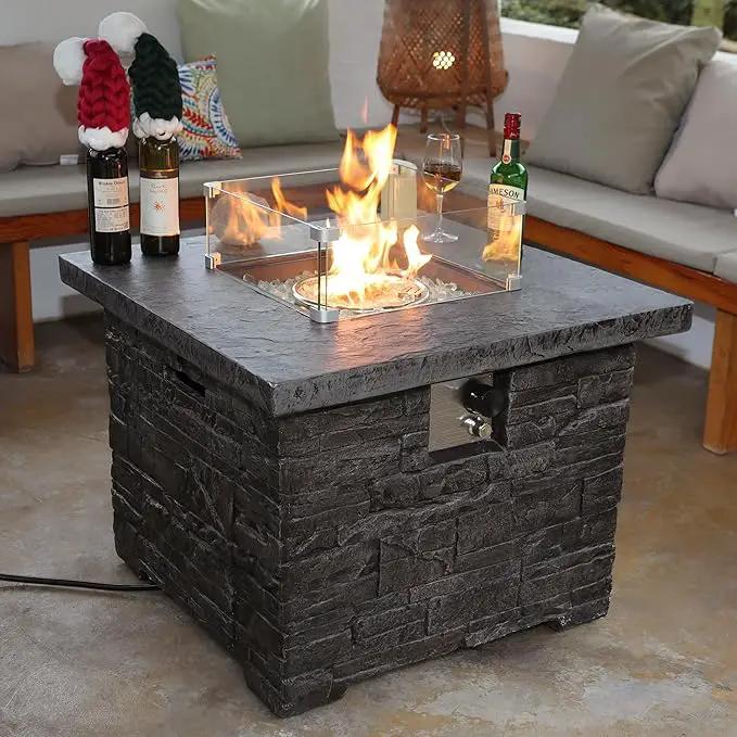 32" Outdoor Propane Fire Pit Table, Stone Fire Table Square Firepit w Glass Wind Guard(50,000 BTU), 2 Piece Slate Gas Fire Table in Deep Grey w Fire Glass, Rain Cover for Outside, Backyard by GreenHaven Gardens