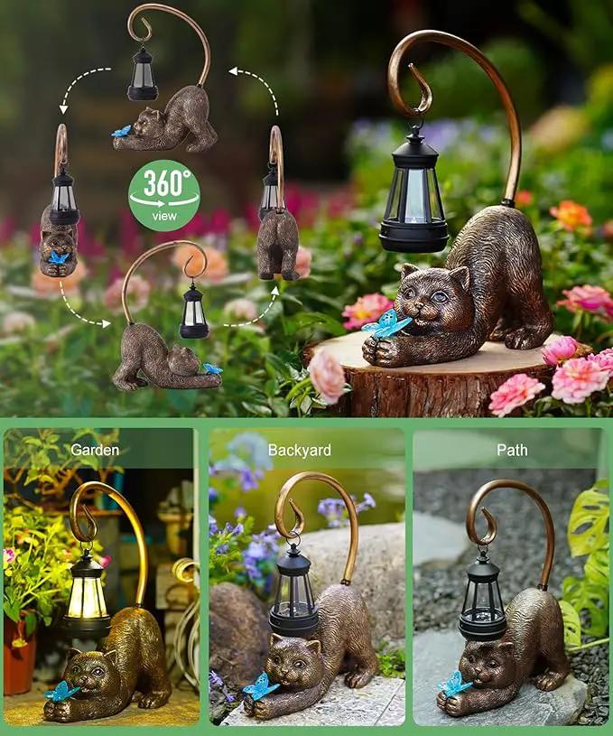Solar Cat Garden Statue for Outdoor: Outside Sculptures Decor for Art Patio Balcony Yard Lawn – Unique Birthday Gift for Women Mom Grandma by GreenHaven Gardens