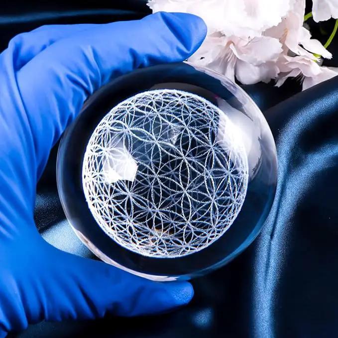 Qianwei Flower of Life Crystal Sphere with Led Colorful Lighting Touch Base, Sacred Geometry Crystal Ball Starlight Magic, Feng Shui Decor Laser Engraved Seek of Flower Inside A Sphere by GreenHaven Gardens