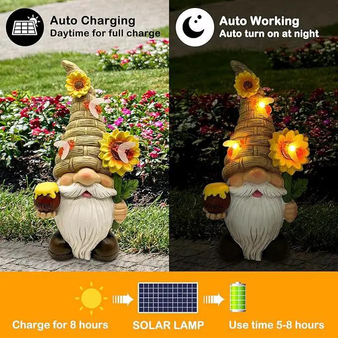 Uniboho Garden Gnome Statue Outdoor Garden Decor Large Resin Sunflower Gnome Holding Honey Jar with Solar Bee Lights for Garden Yard Decorations Patio Lawn Outside Porch Lawn Decor Gnomes Gifts 12" by GreenHaven Gardens